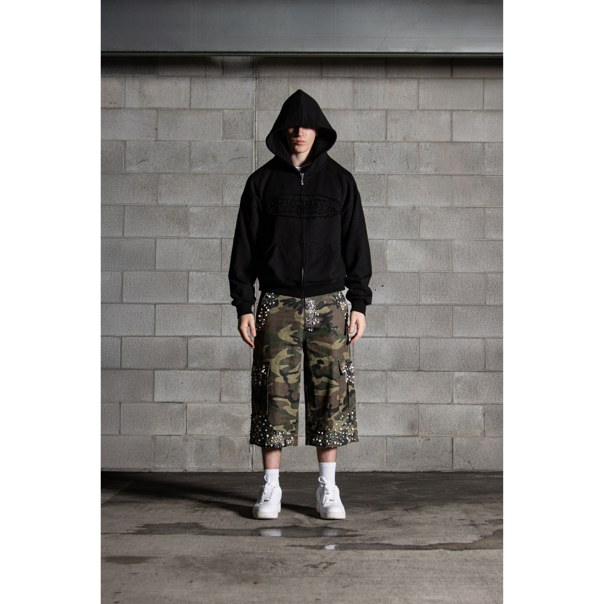 Model wearing LIBERTY STONE JORTS -PREMADE